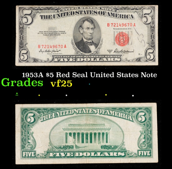 1953A $5 Red Seal United States Note Grades vf+
