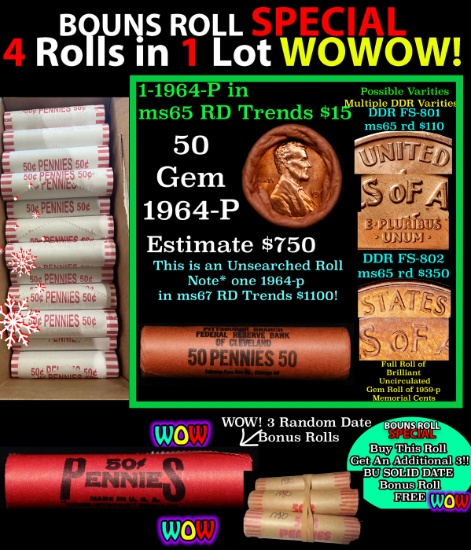 THIS AUCTION ONLY! BU Shotgun Lincoln 1c roll, 1964-p 50 pcs Plus THREE bonus random date BU roll! B
