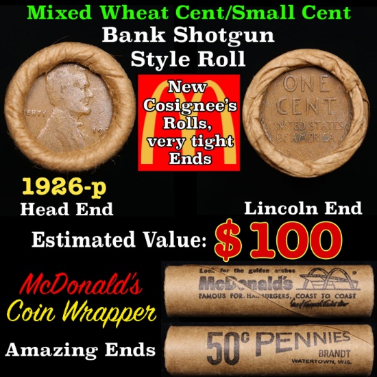 Lincoln Wheat Cent 1c Mixed Roll Orig Brandt McDonalds Wrapper, 1926-p end, Wheat other end
