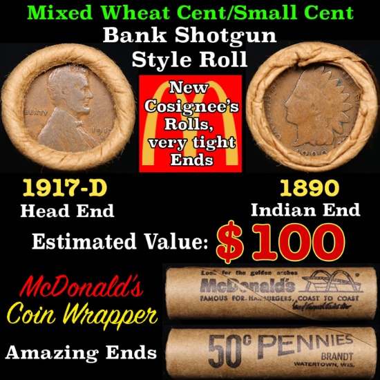 Lincoln Wheat Cent 1c Mixed Roll Orig Brandt McDonalds Wrapper, 1917-d end, 1890 Indian other end
