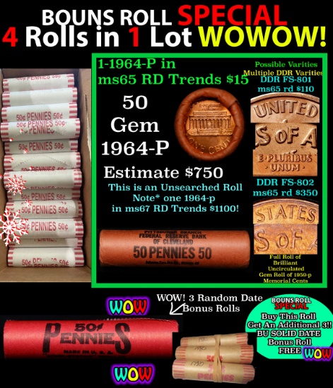 THIS AUCTION ONLY! BU Shotgun Lincoln 1c roll, 1974-p 50 pcs Plus THREE bonus random date BU roll! B