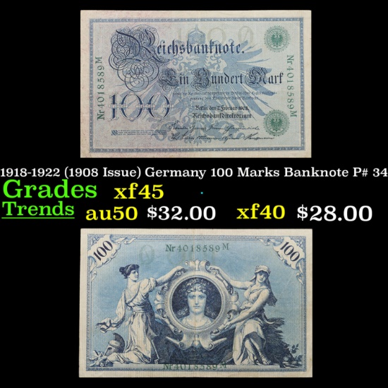 1918-1922 (1908 Issue) Germany 100 Marks Banknote P# 34 Grades xf+