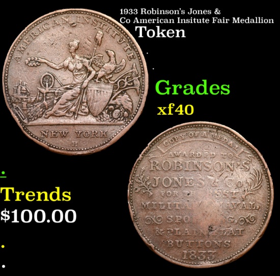 1933 Robinson's Jones & Co American Insitute Fair Medallion Grades xf