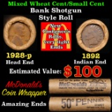 Small Cent Mixed Roll Orig Brandt McDonalds Wrapper, 1928-p Lincoln Wheat end, 1882 Indian other end