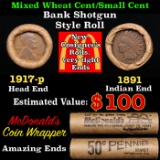 Small Cent Mixed Roll Orig Brandt McDonalds Wrapper, 1917-d Lincoln Wheat end, 1891 Indian other end