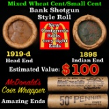 Small Cent Mixed Roll Orig Brandt McDonalds Wrapper, 1919-d Lincoln Wheat end, 1895 Indian other end