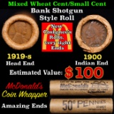 Small Cent Mixed Roll Orig Brandt McDonalds Wrapper, 1919-s Lincoln Wheat end, 1900 Indian other end