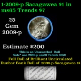 Full Roll of 2009-p Sacagawea Dollar $1 Coin Rolls in Dunbar Wrapper. 25 coins in total.
