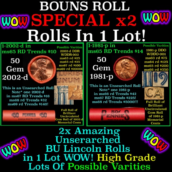 2x BU Shotgun Lincoln 1c rolls, 2002-d & 1981-p 50 pcs 50c