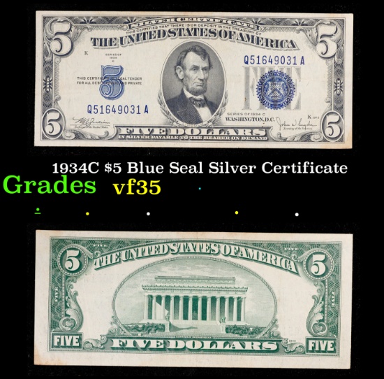 1934C $5 Blue Seal Silver Certificate Grades vf++