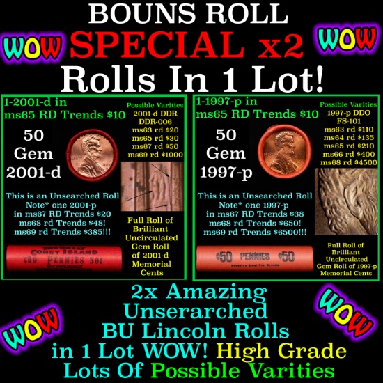 2x BU Shotgun Lincoln 1c rolls, 2001-d & 1997-p 50 pcs 50c