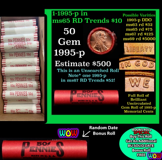 THIS AUCTION ONLY! BU Shotgun Lincoln 1c roll, 1995-p 50 pcs Plus one bonus random date BU roll! Ste