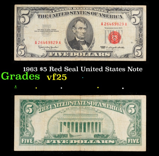 1963 $5 Red Seal United States Note Grades vf+