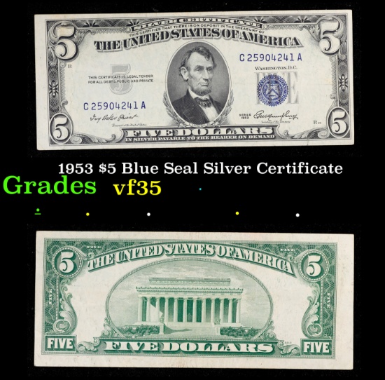 1953 $5 Blue Seal Silver Certificate Grades vf++