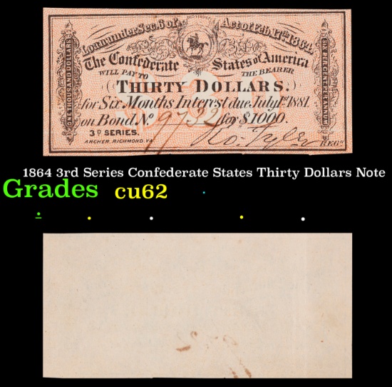 1864 3rd Series Confederate States Thirty Dollars Note Grades Select CU