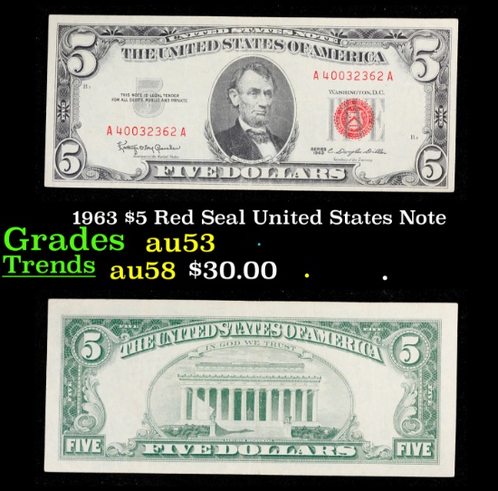 1963 $5 Red Seal United States Note Grades Select AU