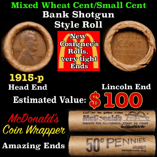 Lincoln Wheat Cent 1c Mixed Roll Orig Brandt McDonalds Wrapper, 1915-p end, Wheat other end