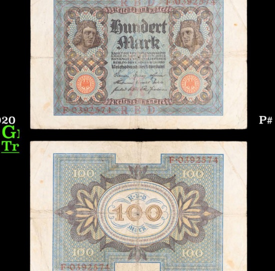 1920 Germany (Weimar) 100 Marks Banknote P# 69a Grades vf+