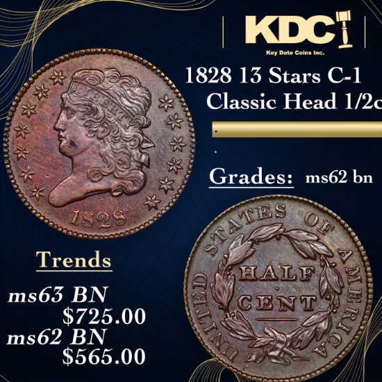 1828 13 Stars Classic Head half cent C-1 1/2c Grades Select Unc BN