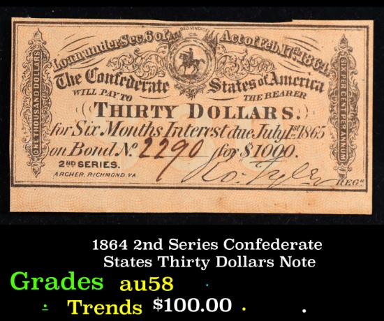 1864 2nd Series Confederate States Thirty Dollars Note Grades Choice AU/BU Slider