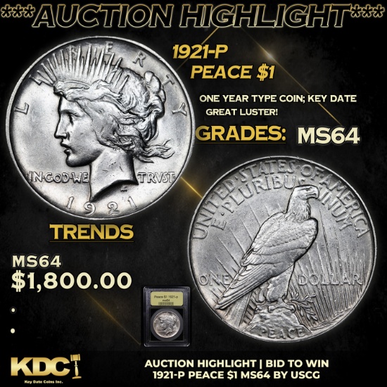 ***Auction Highlight*** 1921-p Peace Dollar $1 Graded Choice Unc By USCG (fc)