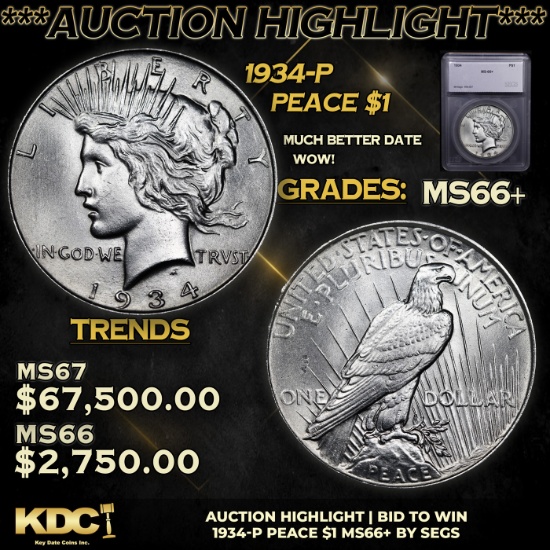 ***Auction Highlight*** 1934-p Peace Dollar $1 Graded ms66+ By SEGS (fc)