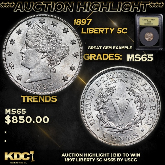 ***Auction Highlight*** 1897 Liberty Nickel 5c Graded GEM Unc By USCG (fc)