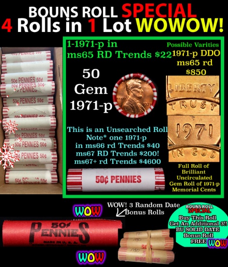THIS AUCTION ONLY! BU Shotgun Lincoln 1c roll, 1971-p 50 pcs Plus THREE bonus random date BU roll! B