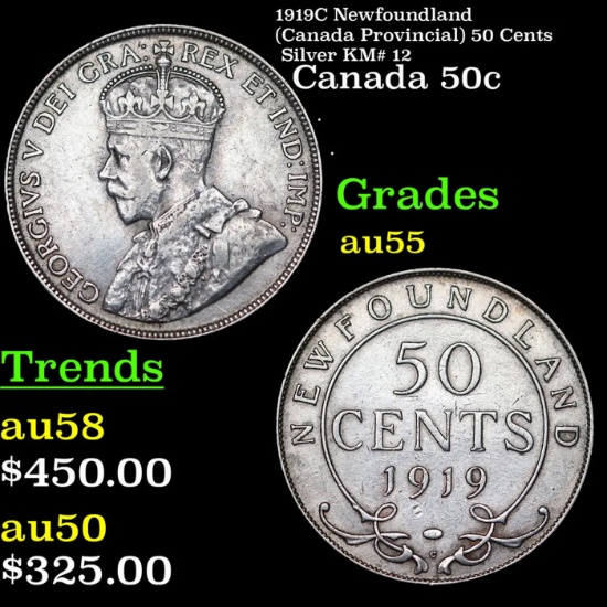 1919C Newfoundland (Canada Provincial) 50 Cents Silver KM# 12 Grades Choice AU