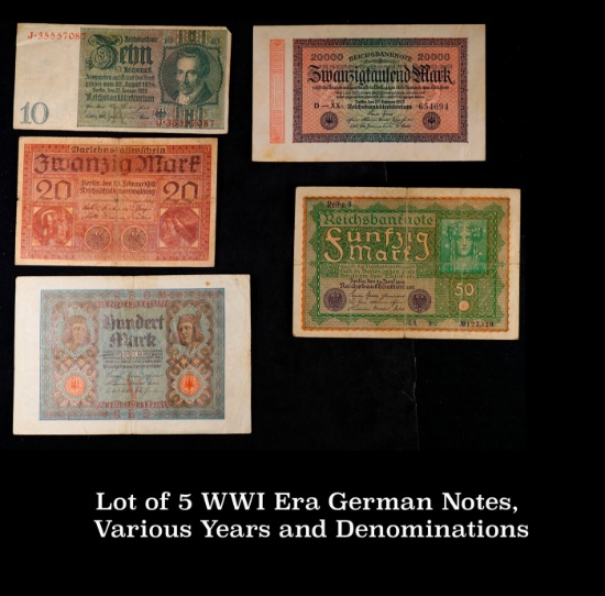Lot of 5 WWI Era German Notes, Various Years and Denominations Grades