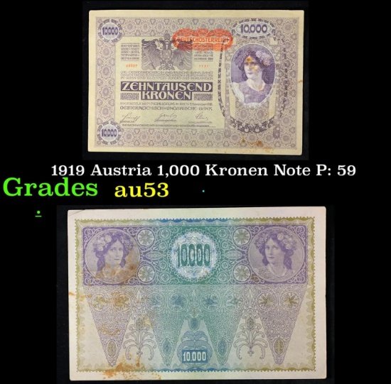 1919 Austria 1,000 Kronen Note P: 59 Grades Select AU