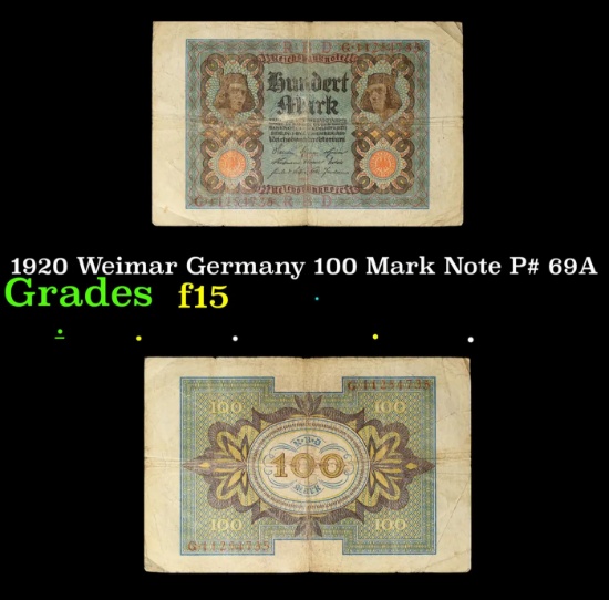 1920 Weimar Germany 100 Mark Note P# 69A Grades f+