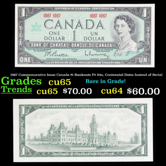 1967 Commemorative Issue Canada $1 Banknote P# 84a, Centennial Dates Instead of Serial Grades Gem CU