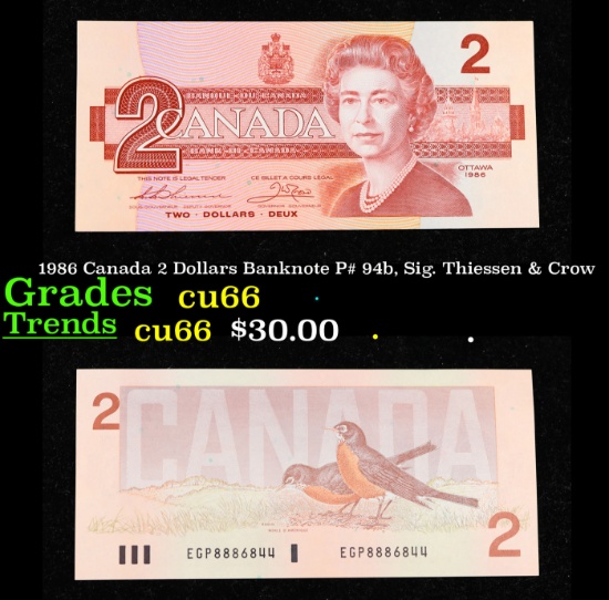 1986 Canada 2 Dollars Banknote P# 94b, Sig. Thiessen & Crow Grades Gem+ CU