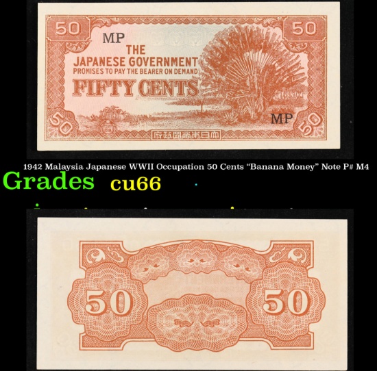 1942 Malaysia Japanese WWII Occupation 50 Cents "Banana Money" Note P# M4 Grades Gem+ CU