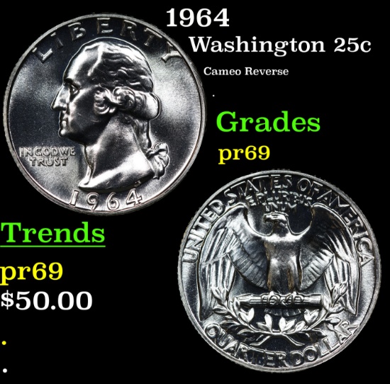 Proof 1964 Washington Quarter 25c Grades GEM++ Proof