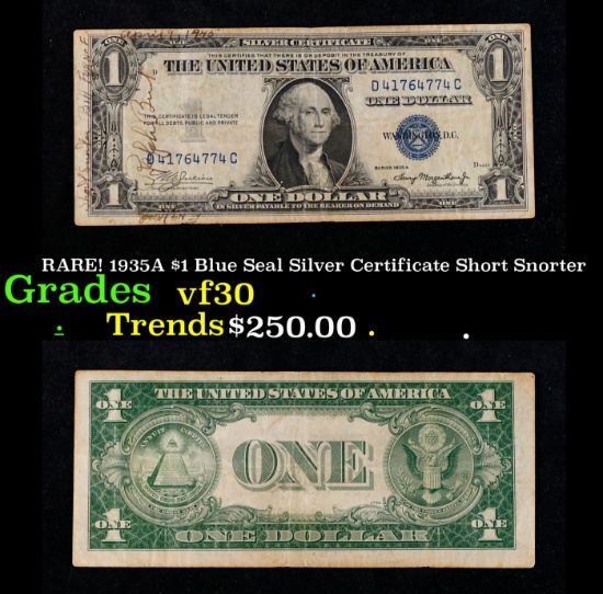 RARE! 1935A $1 Blue Seal Silver Certificate Short Snorter  Grades vf++ A short snorter is a banknote