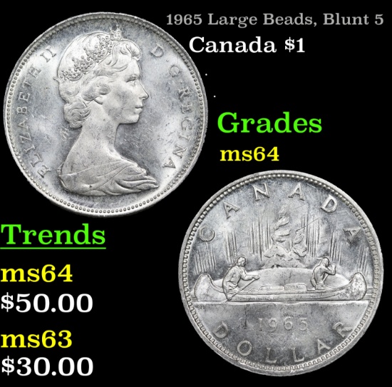 1965 Large Beads, Blunt 5 Canada Dollar 1 Grades Choice Unc