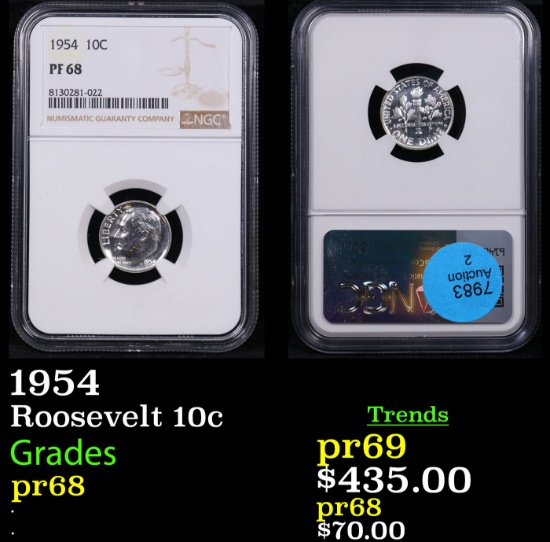 Proof NGC 1954 Roosevelt Dime 10c Graded pr68 By NGC