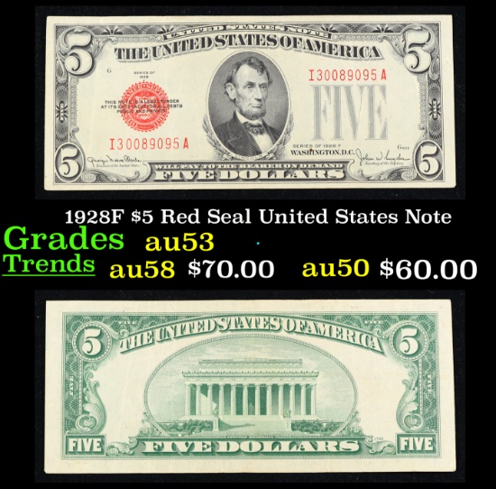 1928F $5 Red Seal United States Note Grades Select AU