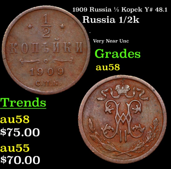 1909 Russia 1/2 Kopek Y# 48.1 Grades Choice AU/BU Slider