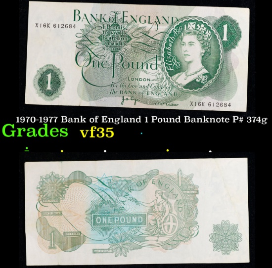1970-1977 Bank of England 1 Pound Banknote P# 374g Grades vf++