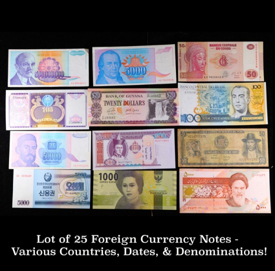 Lot of 25 Foreign Currency Notes - Various Countries, Dates, & Denominations! Grades