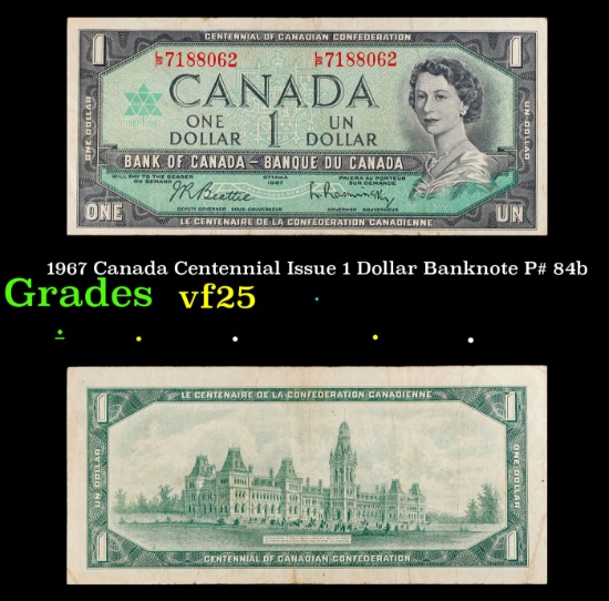 1967 Canada Centennial Issue 1 Dollar Banknote P# 84b Grades vf+