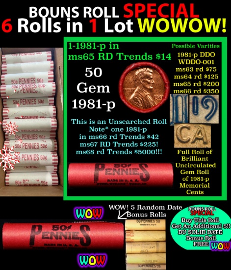 THIS AUCTION ONLY! BU Shotgun Lincoln 1c roll, 1981-p 50 pcs Plus FIVE bonus random date BU roll! Ba