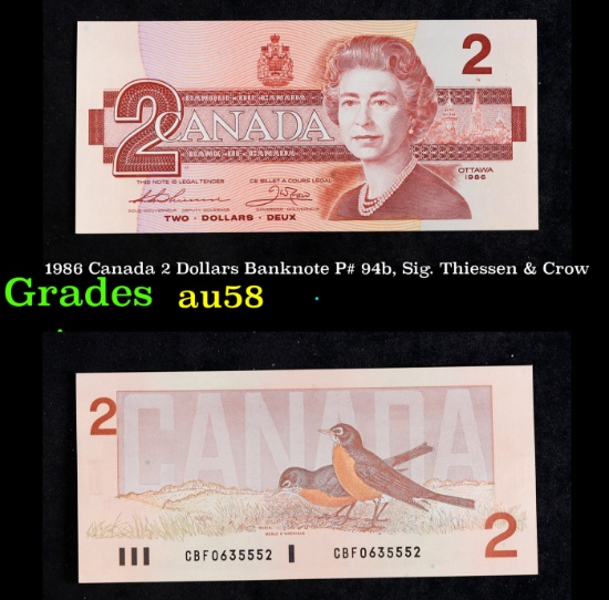 1986 Canada 2 Dollars Banknote P# 94b, Sig. Thiessen & Crow Grades Choice AU/BU Slider