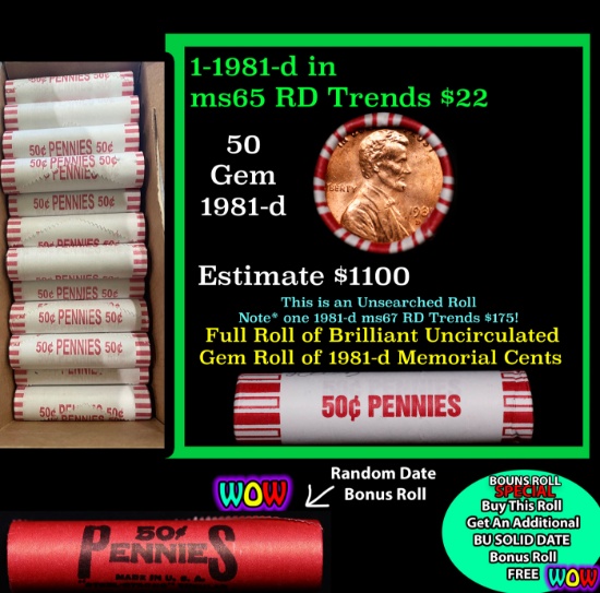 THIS AUCTION ONLY! BU Shotgun Lincoln 1c roll, 1981-d 50 pcs Plus one bonus random date BU roll! Ban