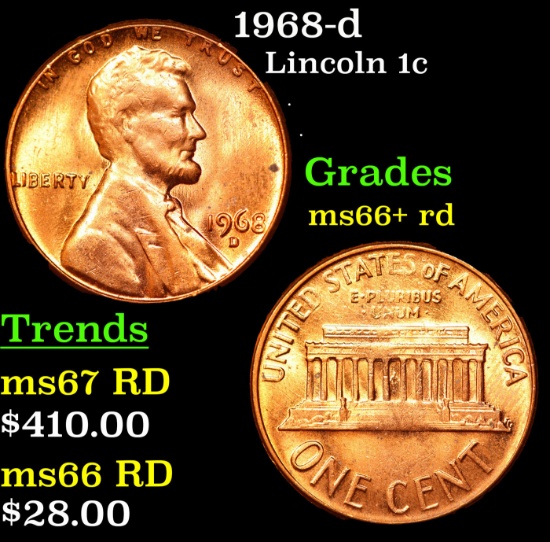 1968-d Lincoln Cent 1c Grades GEM++ RD