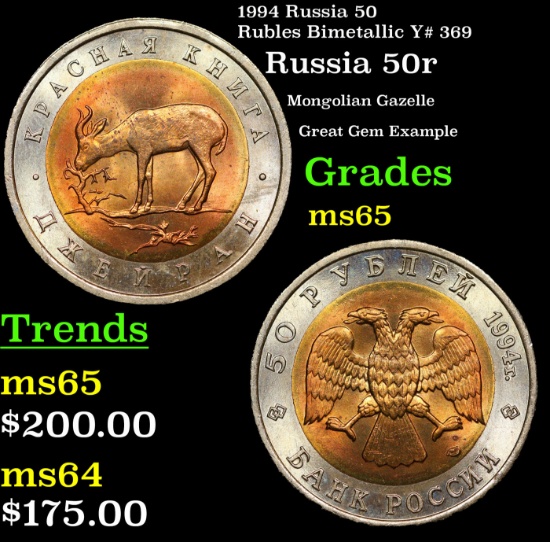 1994 Russia 50 Rubles Bimetallic Y# 369 Grades GEM Unc