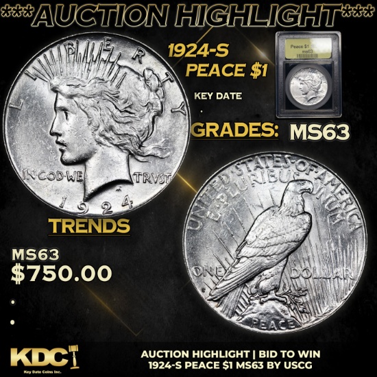 ***Auction Highlight*** 1924-s Peace Dollar 1 Graded Select Unc By USCG (fc)